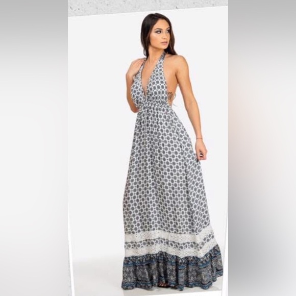 Brand New Francesca’s Collection Blue Print Boho Maxi Dress Size Small - Picture 3 of 5